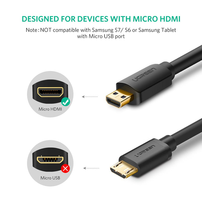 [AUSTRALIA] - UGREEN Micro HDMI to HDMI Cable Adapter 4K 60Hz Ethernet Audio Return Compatible for GoPro Hero 7 Black Hero 5 4 6 Raspberry Pi 4 Sony A6000 A6300 Camera Nikon B500 Yoga 3 Pro Yoga 710 3FT 