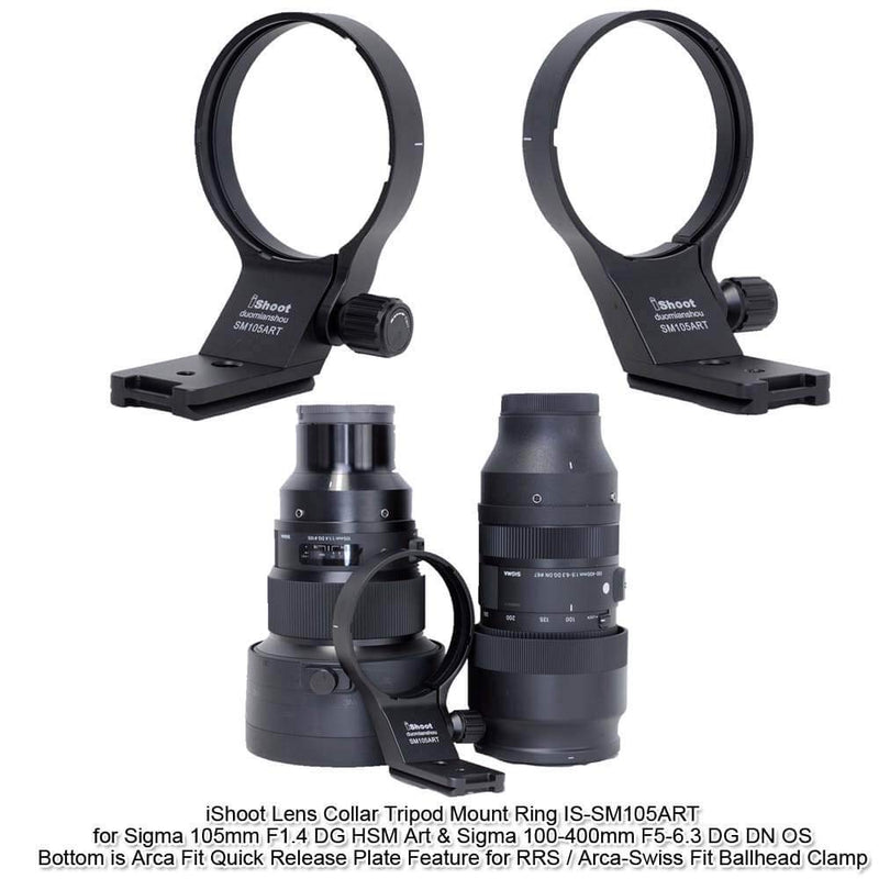 iShoot Lens Collar Tripod Mount Ring Support Holder BracketCompatible with Sigma 105mm f/1.4 DG HSM Art (EF/FX/FE/L Mount) & Sigma 100-400mm f/5-6.3 DG DN OS (E/L Mount) Lens, Bottom is Arca Fit Plate