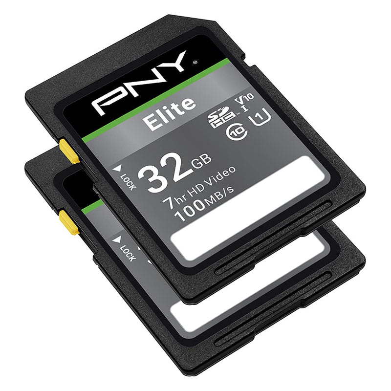 PNY 32GB Elite Class 10 U1 V10 SDHC Flash Memory Card 2-Pack - 100MB/s, Class 10, U1, V10, Full HD, UHS-I, Full Size SD 32GB 2-Pack