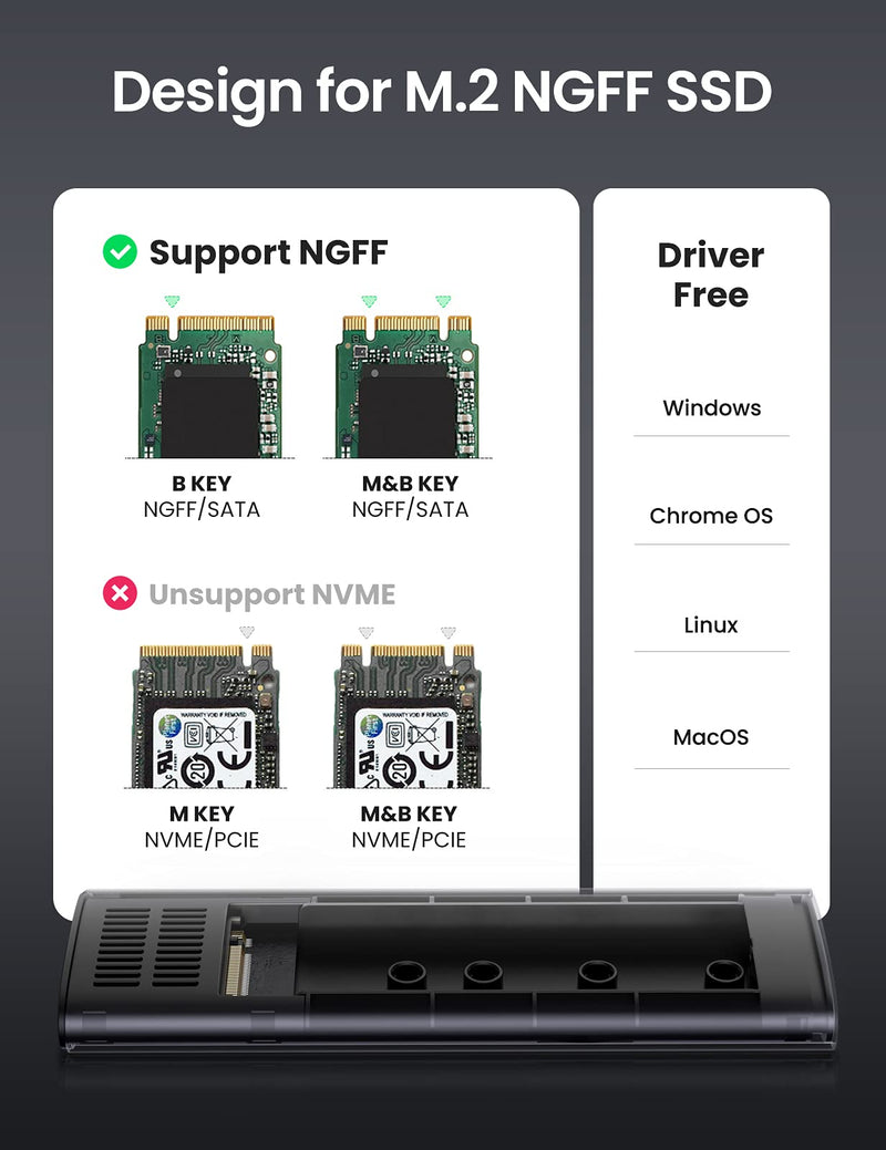 UGREEN M.2 SATA NGFF SSD Enclosure Aluminum USB 3.1 Gen 2 to B-Key 6Gbps w UASP External Solid State Drive Enclosure Compatible for Samsung WD Crucial Kingston Tool Free 2280 2260 2242 2230