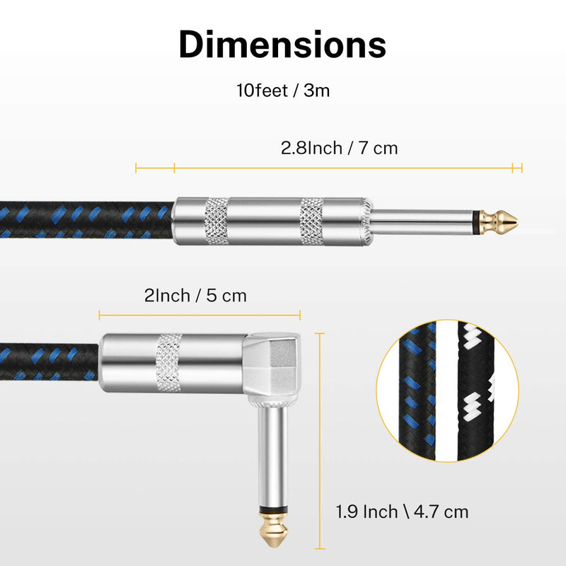[AUSTRALIA] - Donner 2 Pack Guitar Cables 10 Feet AMP Cord for Instrument Electric Guitar Bass High Sound Quality Braided Cover 1/4” TS Right Angle to Straight Metal Connectors Black/White and Black/Blue 