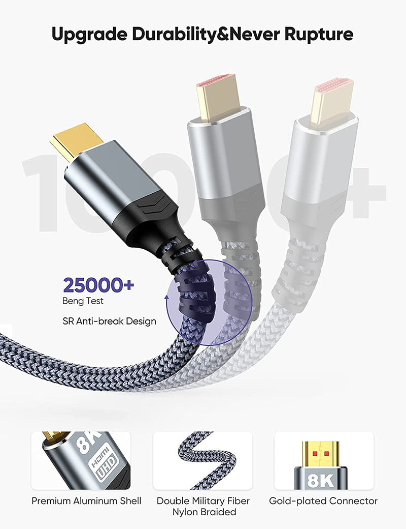 48Gbps 8K HDMI Cable 3.3FT/1M 2-Pack, Highwings High Speed HDMI Braided Nylon 2.1 Cord-4K120 144Hz 8K60Hz RTX 3090 eARC HDR10 4:4:4 HDCP 2.2&2.3 QMS VRR Dolby Compatible for PS5, PS4, UHD TV and PC 3.3feet