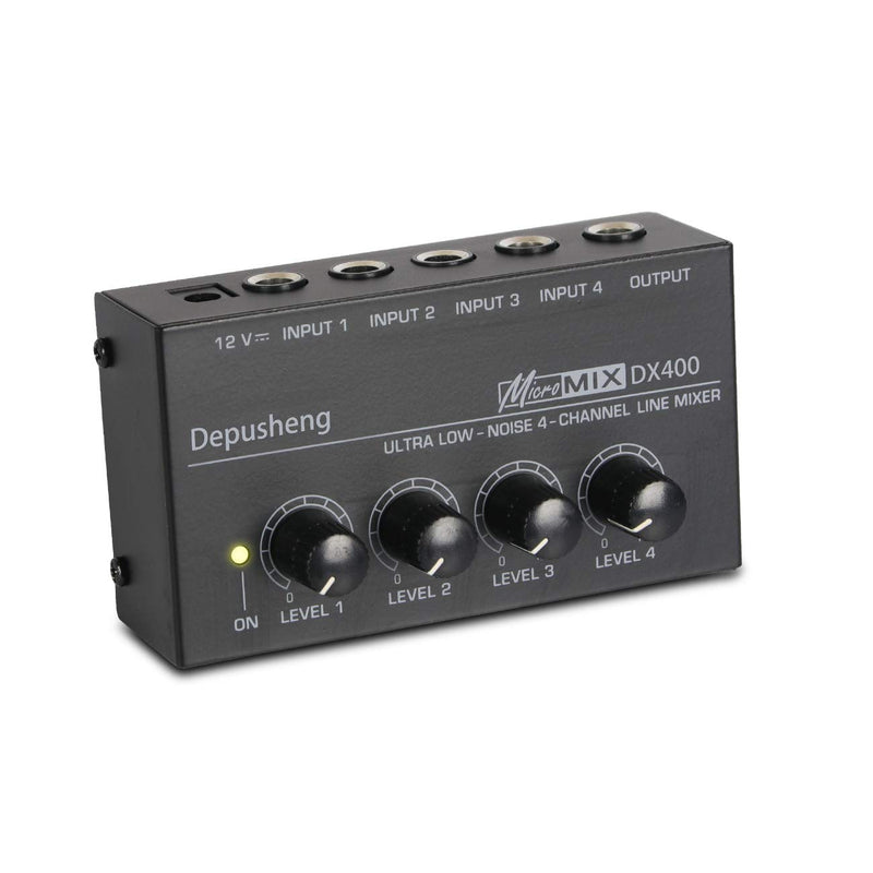 [AUSTRALIA] - Depusheng DX400 4 Channels Mixer Mixing Console Ultra Compact Low Noise Line Mono Audio Mixer with Power Adapter Black 