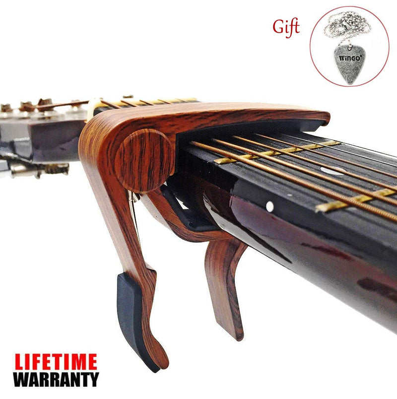 WINGO Quick Change Wooden Guitar Capo for Acoustic Guitar, Electric Guitar,Bass,Ukulele- Rosewood with Unique Metal Pick Necklace.