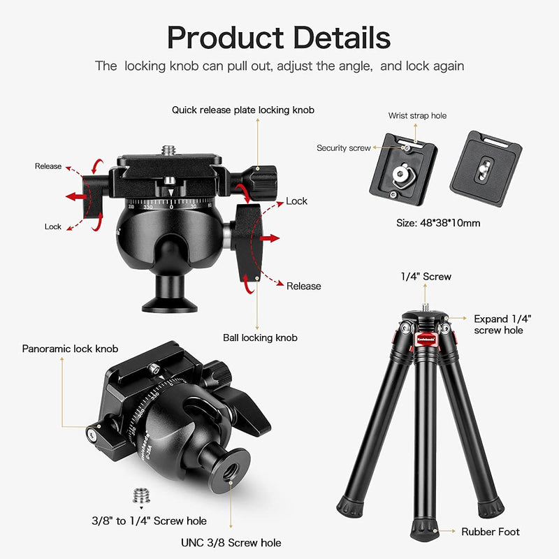 Koolehaoda Camera Mini Tripod, Tabletop Tripod CNC Aluminum with 360° Ball Head and Extendable Legs for DSLR Cameras,Projector and Monopods TF-19+G26A