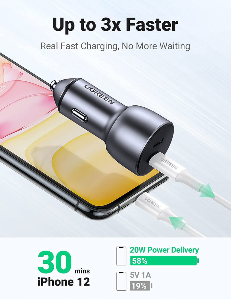 UGREEN USB C Car Charger - 40W Dual Fast Charge PD3.0 Port Type C Car Phone Adapter Compatible with iPhone 12 Pro Max Mini 11 X XR XS SE, Galaxy S21 S20 Note 20 Ultra 10+ Note 9+, iPad Pro, AirPods