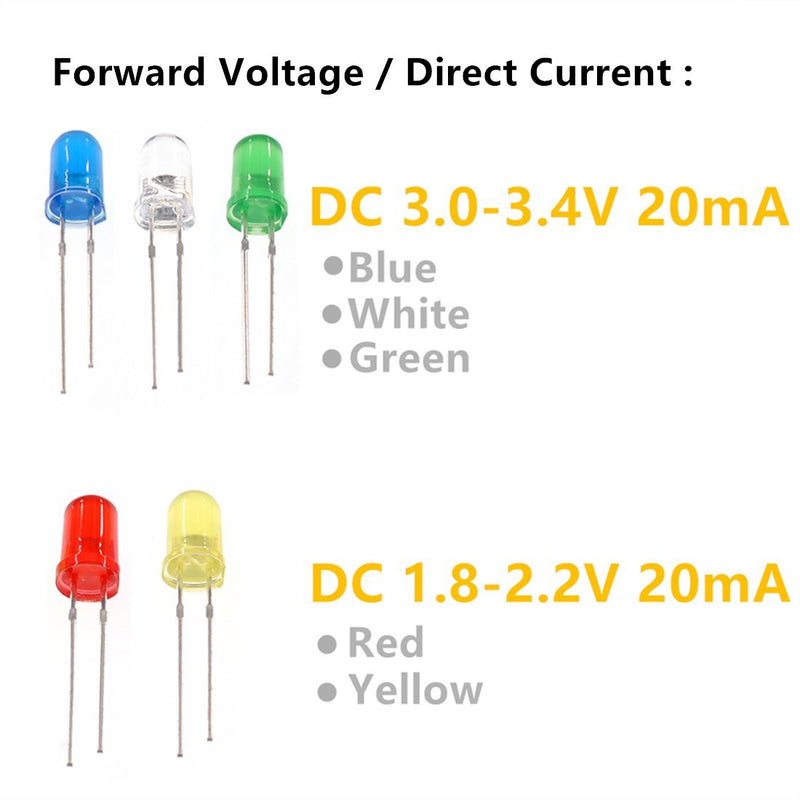 Oiyagai 300Pcs 5mm Assorted LED Light Emitting Diodes DC 3V 20mA 5 Colors Resistor kit
