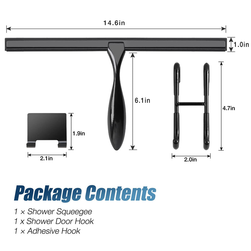 Simtive 14-Inch Shower Squeegee Set, Includes Shower Door Hook and Adhesive Hook, Squeegee for Shower Doors, Mirror and Window, Black