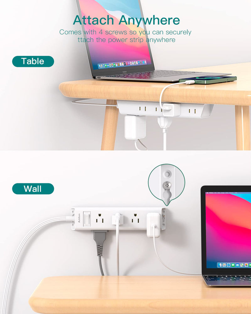 Flat Plug Power Strip, Ultra Thin Flat Extension Cord - Addtam 12 Widely AC 3 Sides Multiple Outlets, 5Ft, 900J Surge Protector, Wall Mount, Desk Charging Station for Home Office Dorm Room Essentials