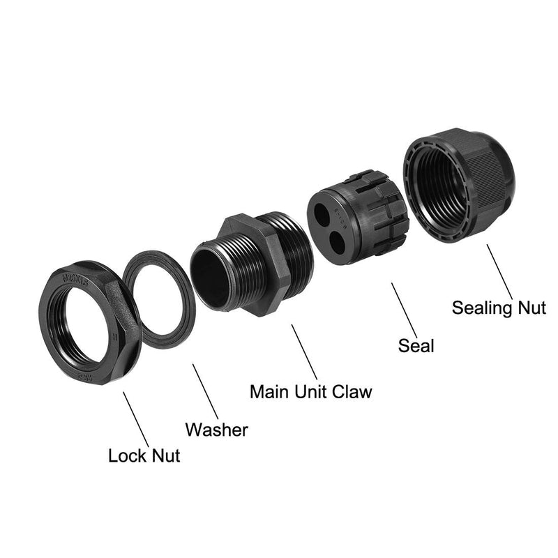 uxcell M25 Cable Gland 2 Holes Waterproof IP68 Nylon Joint Adjustable Locknut for 6.4-8.7mm Dia Wire Black