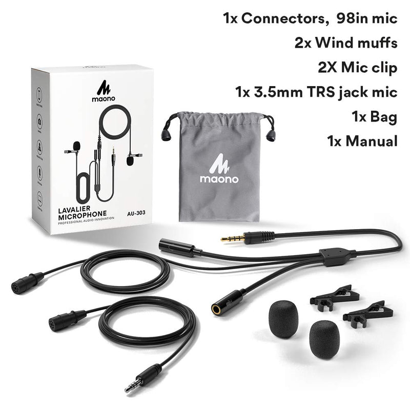 [AUSTRALIA] - Lavalier Microphone with Headphone Jack MAONO Dual Clip on Handsfree Omnidirectional Condenser Interview Lapel Mic Compatible with iPhone, Android, iPad, Camera, Computer, PC, Tablets, AU303 AU303 Lavalier Microphone 