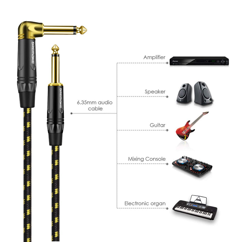 [AUSTRALIA] - 1/4 Guitar Amp Straight to Right Angel Patch Cord, 10 Feet DREMAKE Quarter Inch Cable Black/Yellow Braided Tweed, Jack 6.35mm 1/4 Inch Guitar Cable for Electric Guitar, Bass, Keyboard to PA Certified 10FT/3M 