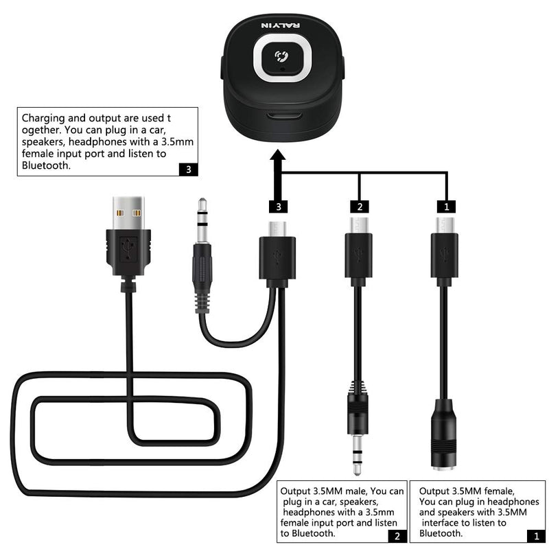 bluetooth aux，Ralyin Bluetooth Receiver car bluetooth adapter Wireless Audio Music Adapter with Hands-Free Calling, 3.5mm Male and Female Output Stereo Jack for Headphones Speaker and Car Audio System