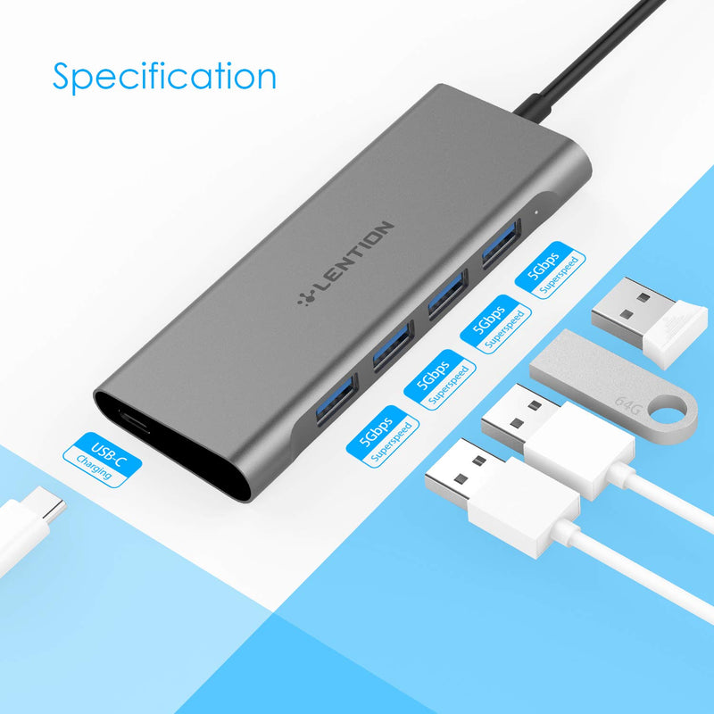 LENTION USB C Hub with 4 USB 3.0 Ports and Type C Charging Adapter Compatible 2020-2016 MacBook Pro 13/15/16, New Mac Air, New Surface, Chromebook, More (CB-C31, Space Gray) Space Grey
