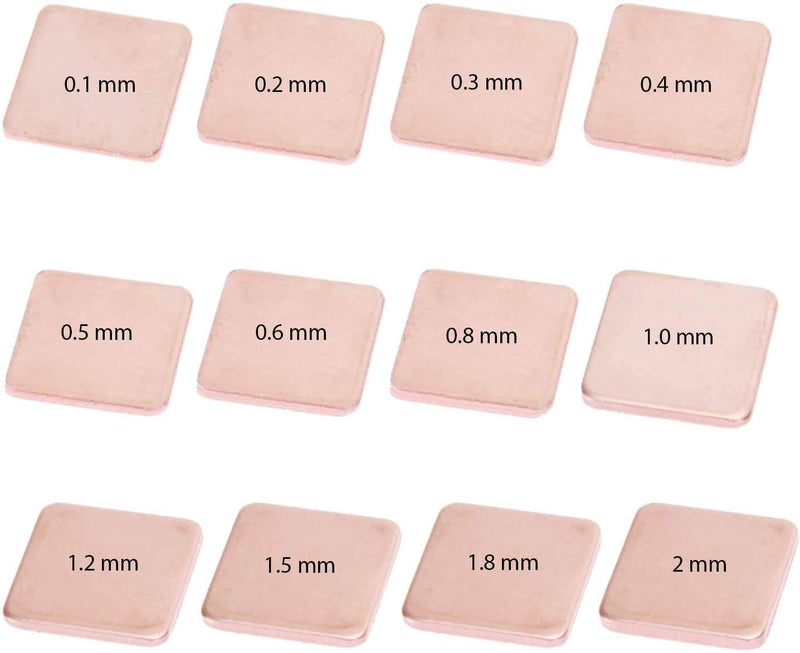 Easycargo 100pcs 12 Sizes 15mm Copper Pad Shim Thermal Kit, Pure Copper Heatsink C1100, Low Profile Copper Plate Cooler for Cooling PC Laptop IC Chips CPU VGA RAM VRAM PS5 M.2 SSD (with Glue) With Glue