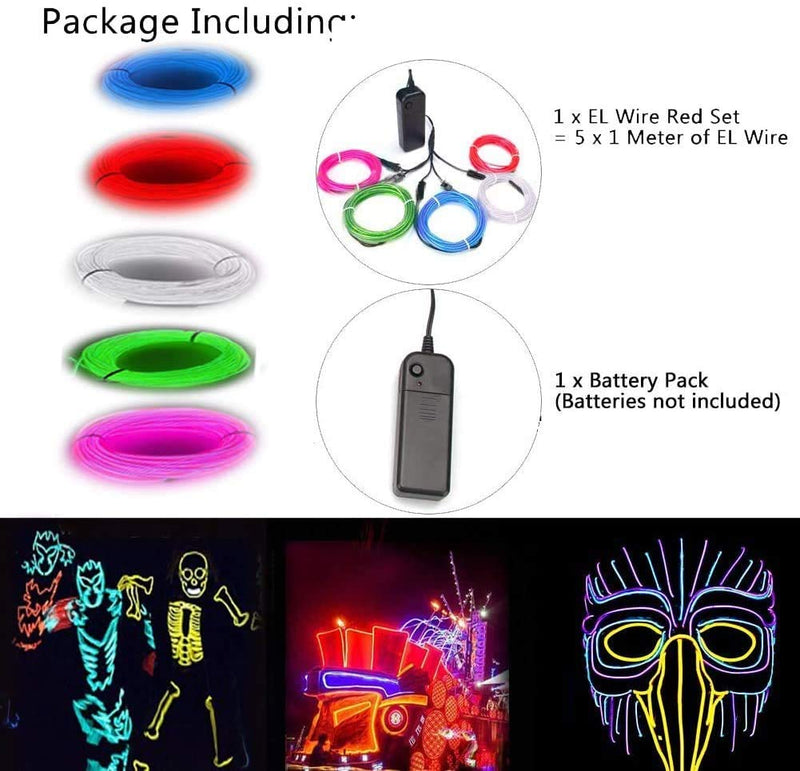 Balabaxer EL Wire Colorful, (Red,Blue,Pink,Green,White)Neon Lights Wire 5 in 1 Meter, Electroluminescent Wire for Halloween, Christmas Party, DIY Decoration