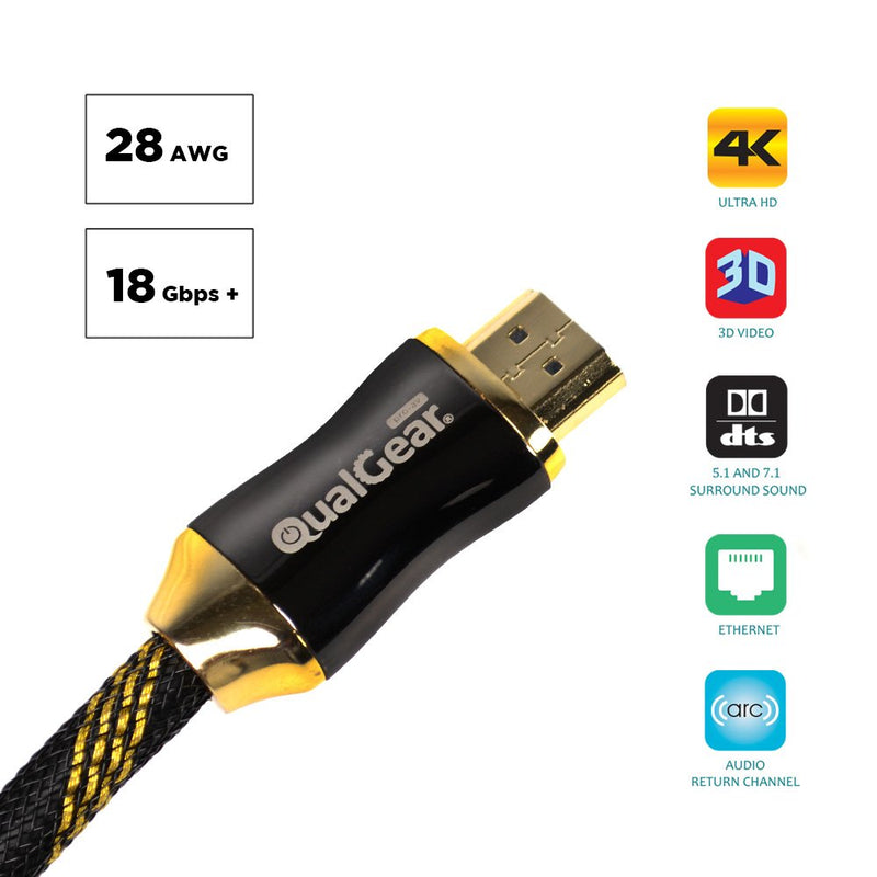 QualGear 10 Feet-2 Pack HDMI Premium Certified 2.0 cable with 24K Gold Plated Contacts, Supports 4K Ultra HD, 3D, 18Gbps, Audio Return Channel, Ethernet (QG-PCBL-HD20-10FT-2PK) Black - 2 Pack