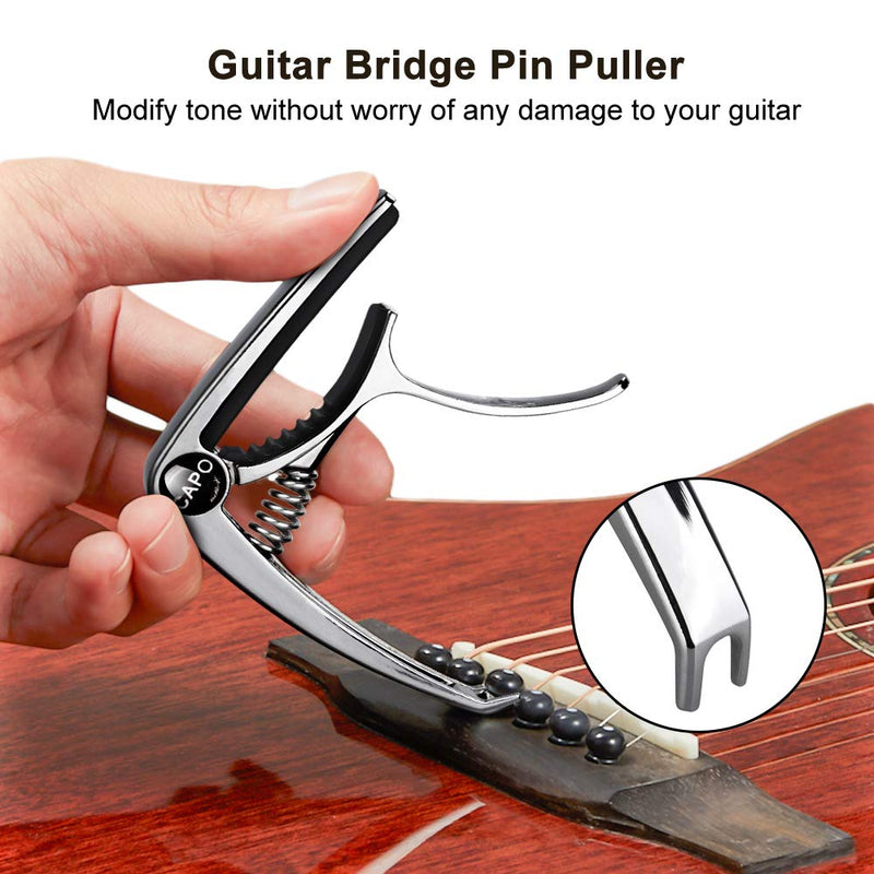 Olycism Guitar Capo for Acoustic Electric Guitar Classical Ukulele with 5 Guitar Picks of 0.46mm thickness & Picks Holder & Guitar Bridge Pin Puller Silver