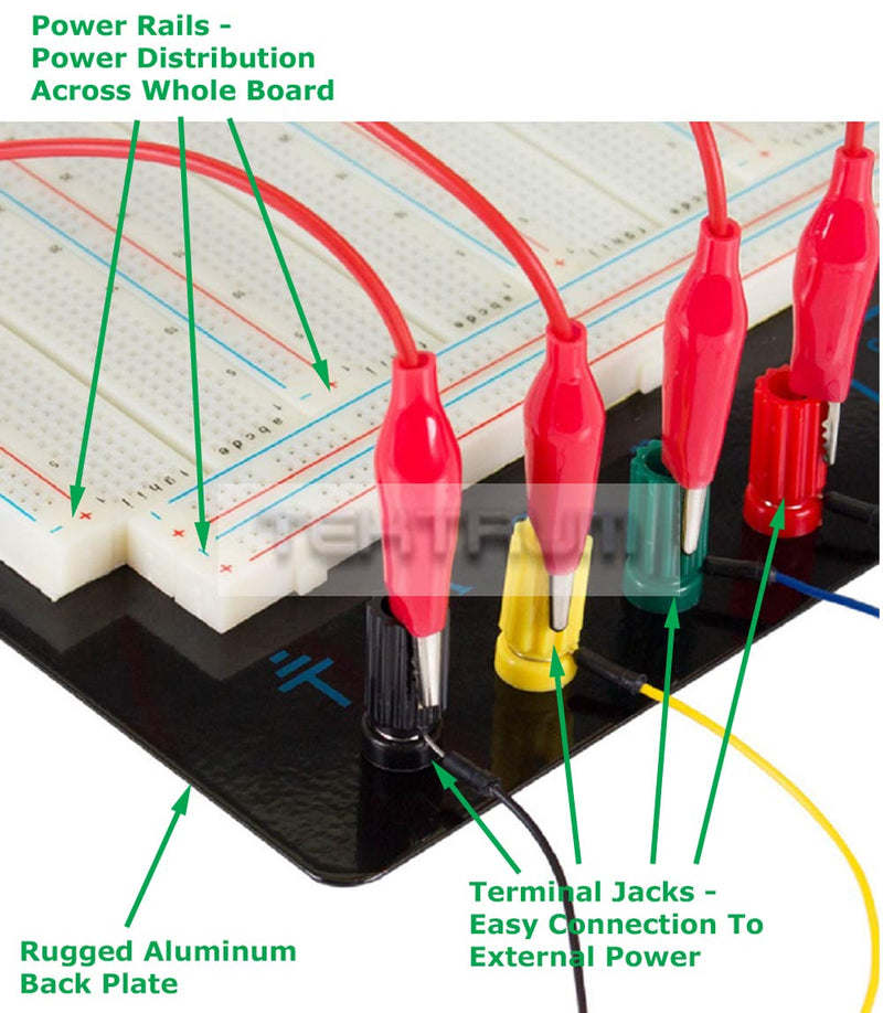 TEKTRUM EXTERNALLY Powered SOLDERLESS 2200 TIE-Points Experiment Plug-in BREADBOARD with Aluminum Back Plate and Jumper Wires for Proto-Typing Circuit