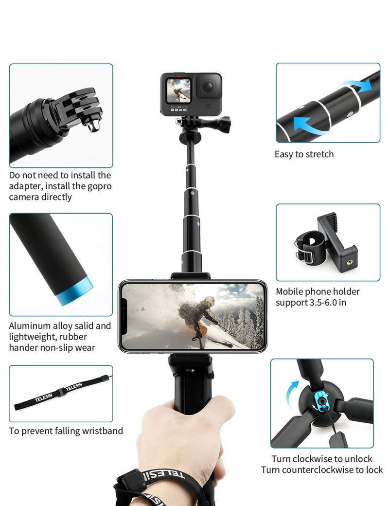 AFAITH Upgraded Pole for GoPro, Aluminum Alloy GoPro Selfie Stick with Stable Tripod Waterproof Handheld Monopod for GoPro Hero 8 Black/Hero 9 Black/7/6/5/4/ Osmo Action Camera/Xiao Yi Action Camera