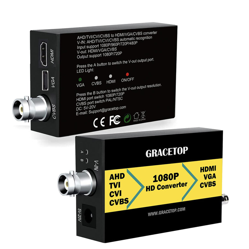 GRACETOP AHD to HDMI Converter, RCA to HDMI Converter 4-in-1 Composite CVBS TVI CVI AHD to HDMI VGA CVBS BNC Converter Support 720P/1080P/3MP/4MP for Monitor HDTV DVRs