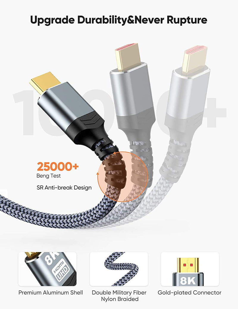 8K@60 HDMI Cable 10FT/3M, Highwings 48Gbps Ultra High Speed HDMI Braided Nylon 4K120 144Hz RTX 3090 eARC HDR10 4:4:4 HDCP 2.2&2.3 Dolby Compatible for Apple TV, Fire TV, PS5, PS4 10 feet