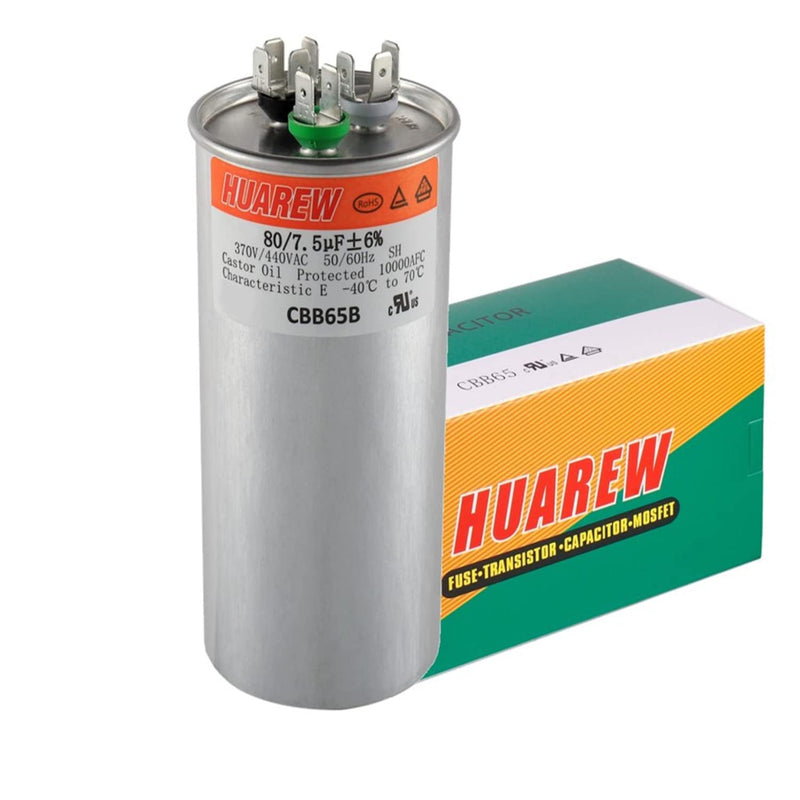 HUAREW 80+7.5 uF ±6% 80/7.5 MFD 370/440 VAC CBB65 Dual Run Start Round Capacitor for Condenser Straight Cool or Heat Pump Air Conditioner or AC Motor and Fan Starting