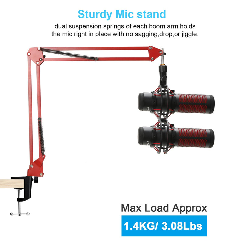 Mic Stand - Professional Microphone Boom Arm Stand with Cable Sleeve Scissor Stand Compatible with HyperX QuadCast S Mic by YOUSHARES（Red)