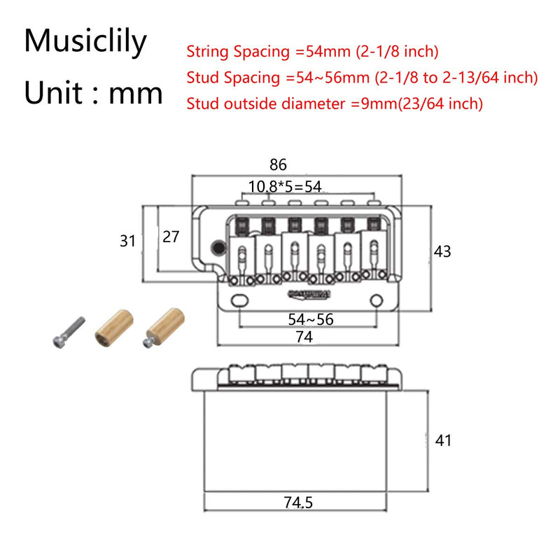 Wilkinson WVP2-SB 54mm 2-Point Stainless Steel Saddles Tremolo Bridge with Full Steel Block for Japan/Korea Import Strat Electric Guitar, Chrome