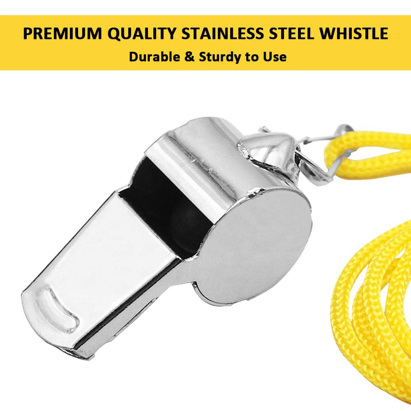 FineGood 5 pcs Stainless Steel Whistle, Loud Metal Whistle with Yellow Lanyard for Referees Coaches Lifeguards Survival Emergency Football Basketball Soccer Hockey