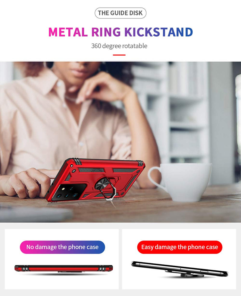Military Grade Drop Impact for Samsung Galaxy S21 Ultra Case Galaxy S21 Ultra 5G Case 360 Metal Rotating Ring Kickstand Holder Armor Heavy Duty Shockproof Case for Galaxy S21 Ultra Phone Case (Red) Red