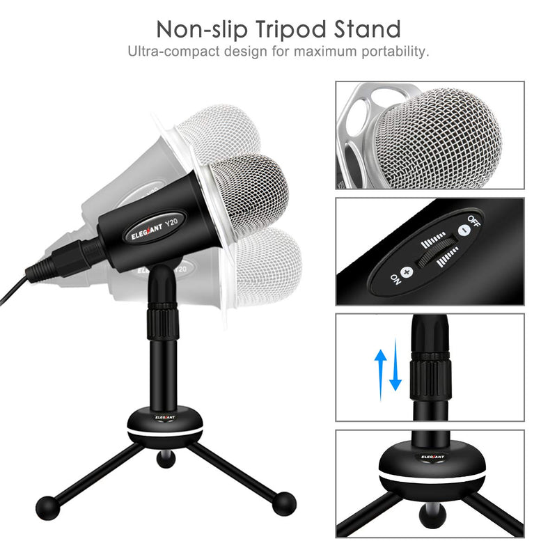 [AUSTRALIA] - PC Microphone, ELEGIANT Y20 Portable Condenser Microphone 3.5mm Plug & Play with Tripod Stand Home Studio Recording Microphone for Computer, Smartphone, iPad, Podcasting Karaoke, YouTube, Skype, Games 