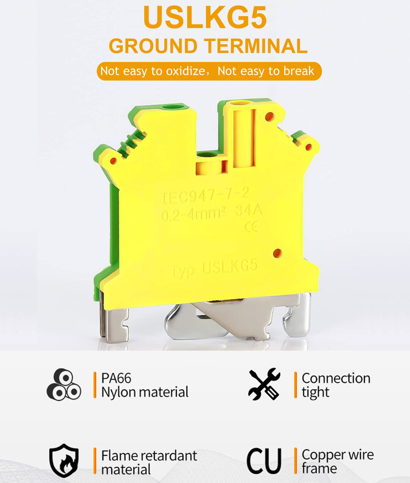 Erayco USLKG5N DIN Rail Mounted Ground Circuit Connection Terminal Block, 600V 30A, Screw Clamp (Pack of 20)