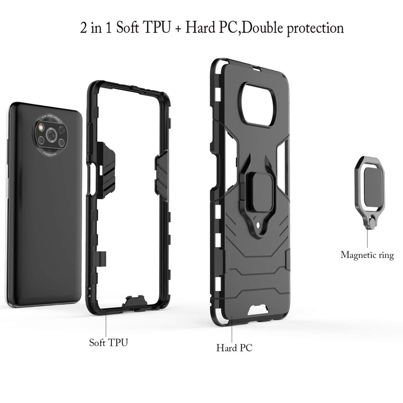 QCMM for Xiaomi Poco X3 NFC/Xiaomi Poco X3 Kickstand Case with Tempered Glass Screen Protector [2 Pieces], Hybrid Heavy Duty Armor Dual Layer Anti-Scratch Case Cover, Black