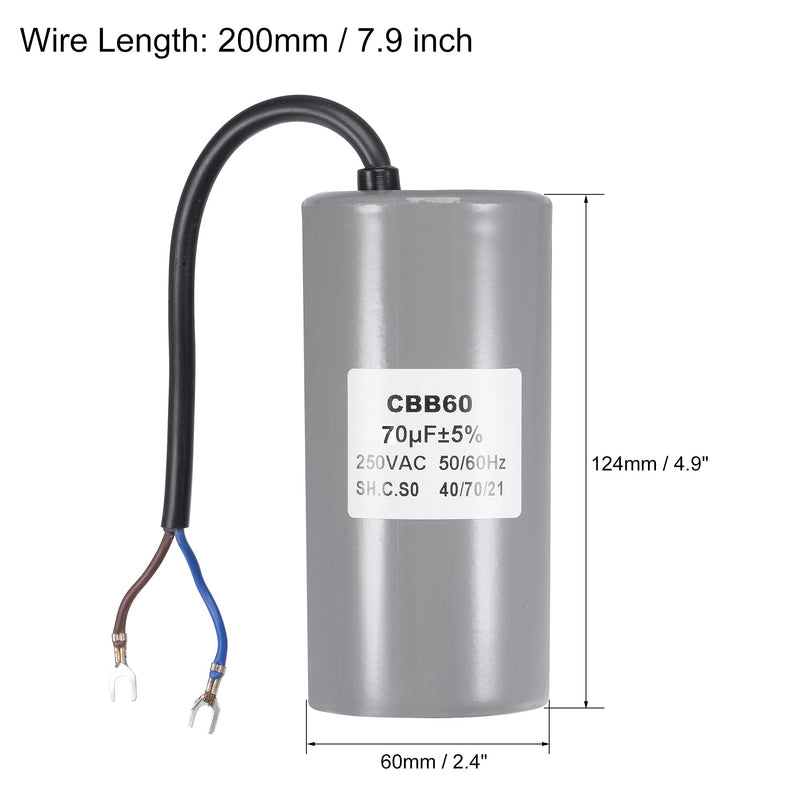 MECCANIXITY CBB60 Run Capacitor 70uF 250V AC 2 Wires 50/60Hz Cylinder 124x60mm with Terminal for Air Compressor Water Pump Motor