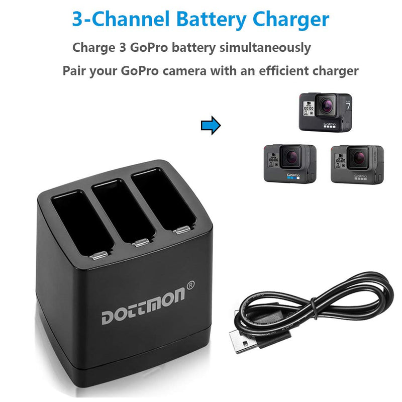 DOTTMON 2-Pack Gopro Battery for Hero 5/6/7 & 3-Channel Battery Charger for Gopro Hero 5 Black/Hero 6 Black/Hero 7 Black(Not for Hero 8/9)