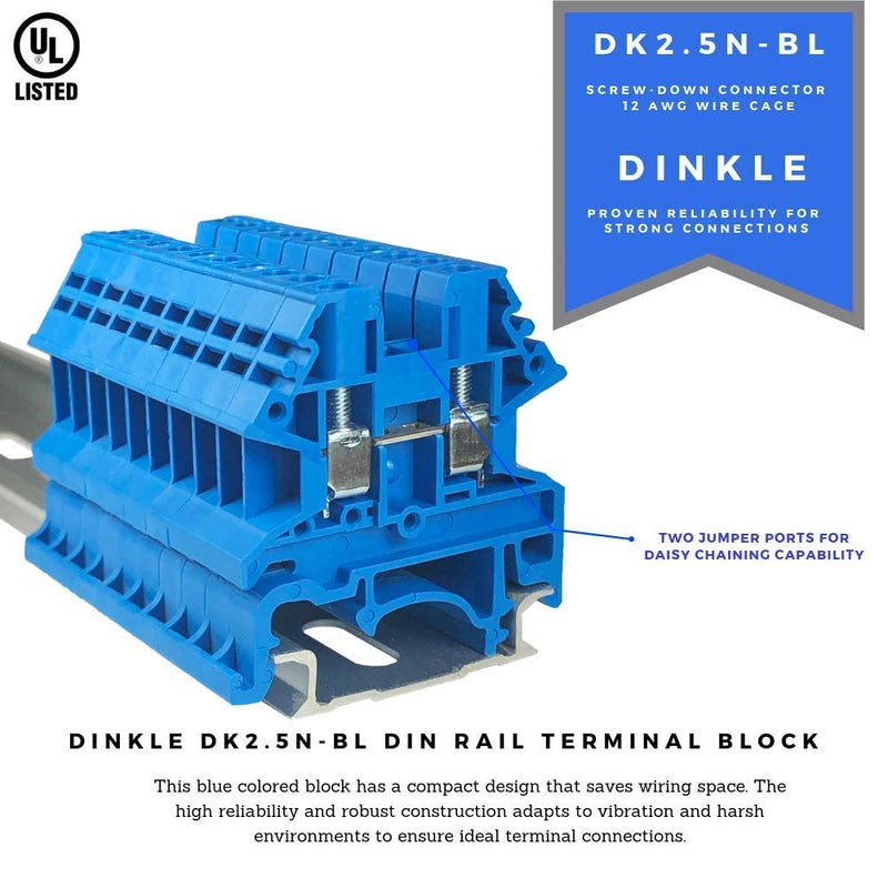 [AUSTRALIA] - Dinkle Blue DK2.5N-BL DIN Rail Terminal Block Screw Type UL 600V 20A 12-22AWG, Pack of 50 