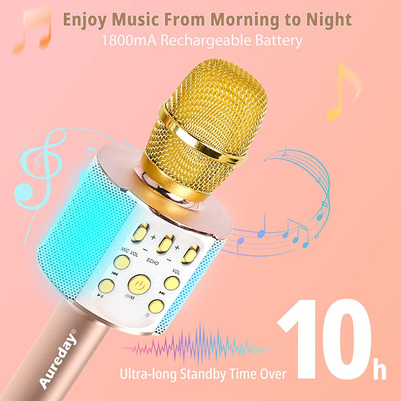 Aureday Wireless Bluetooth Karaoke Microphone for Singing, 3-in-1 Portable Handheld Mic Speaker/Recorder BM68 with LED lights for Kids and Adults (Gold) Gold