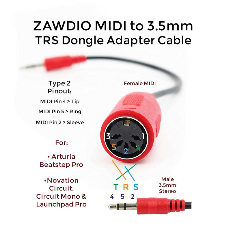 ZAWDIO - MIDI to TRS 3.5mm Breakout Cable Adapter for: Arturia, Novation, 1010music - MX4, Beatstep Pro, Keystep, Circuit, Launchpad Pro MK2