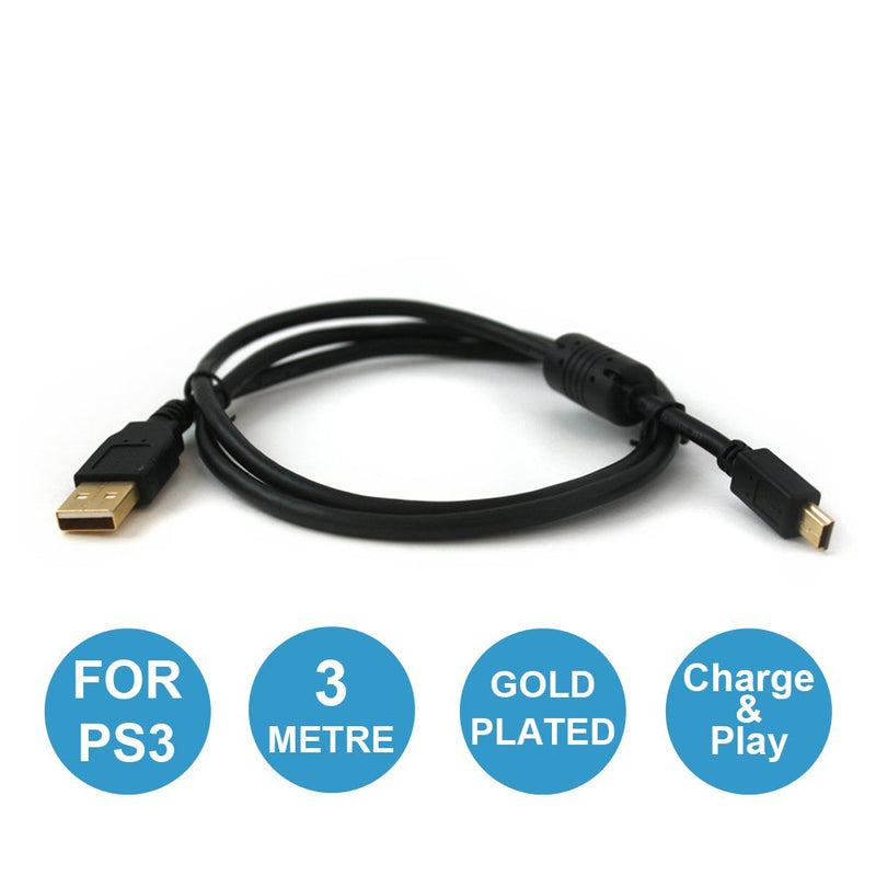 ZedLabz 3M charging cable for Sony PS3 controllers - gold plated extra long mini USB charger play cable lead - [Sony PlayStation 3]