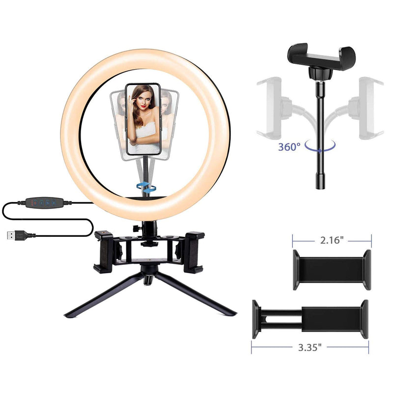 FilmHoo 10" Selfie Ring Light with Tripod Stand Adjustable & 3 Cell Phone Holders, Dimmable LED Camera Beauty Ringlight, 3 Light Modes and 10 Brightness Levels for Live Stream, Makeup,YouTube Video Black