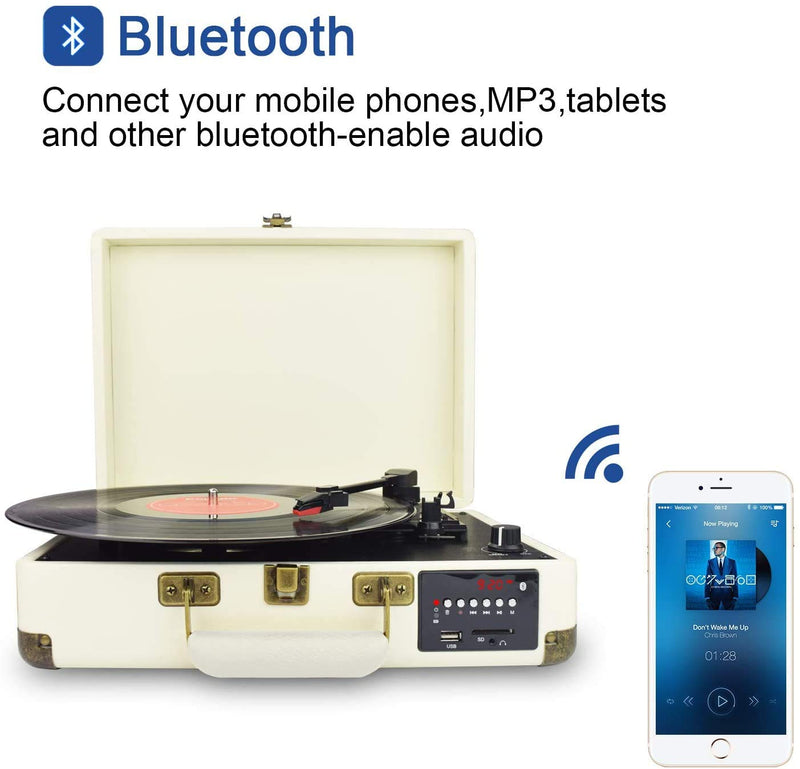 DIGITNOW! Bluetooth Record Player Belt-Drive 3-Speed Turntable Built-in Stereo Speakers, Vinyl to SD Card/USB Stick & with AM/FM Radio, Retro Suitcase Designed M46-White