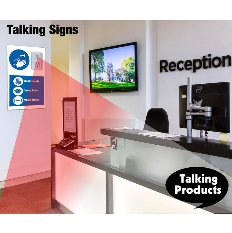 Talking Products, PIR Motion Sensor Talking Sign with 6 Pre-Recorded Audible Voice Messages and Reminders. Create Your own Talking Posters and Audio Signs.