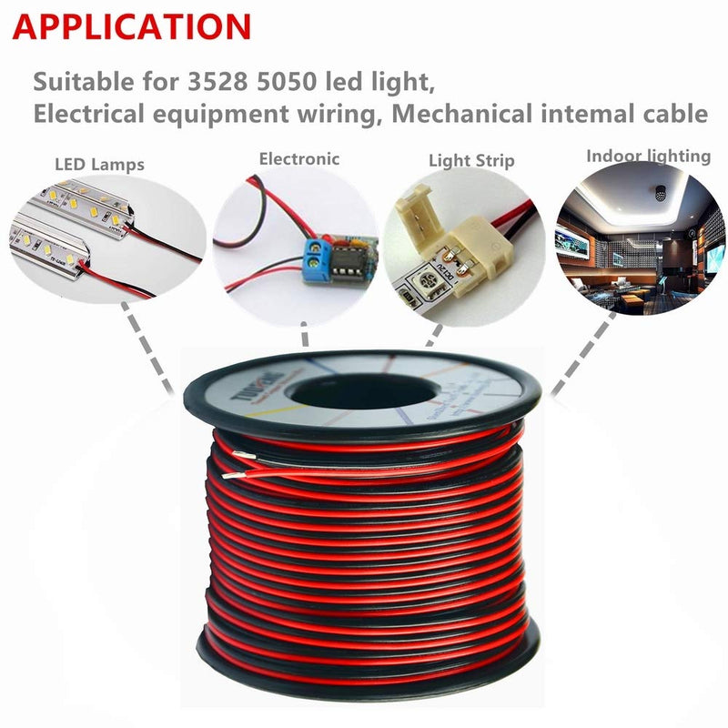 TUOFENG 22awg Electrical Wire 100 ft 22 Gauge Led Wire 2 Pin Extension Cable Wire Red Black Wires 12V/24V DC Cable for Led Strips Single Colour 22AWG-2pin-100ft