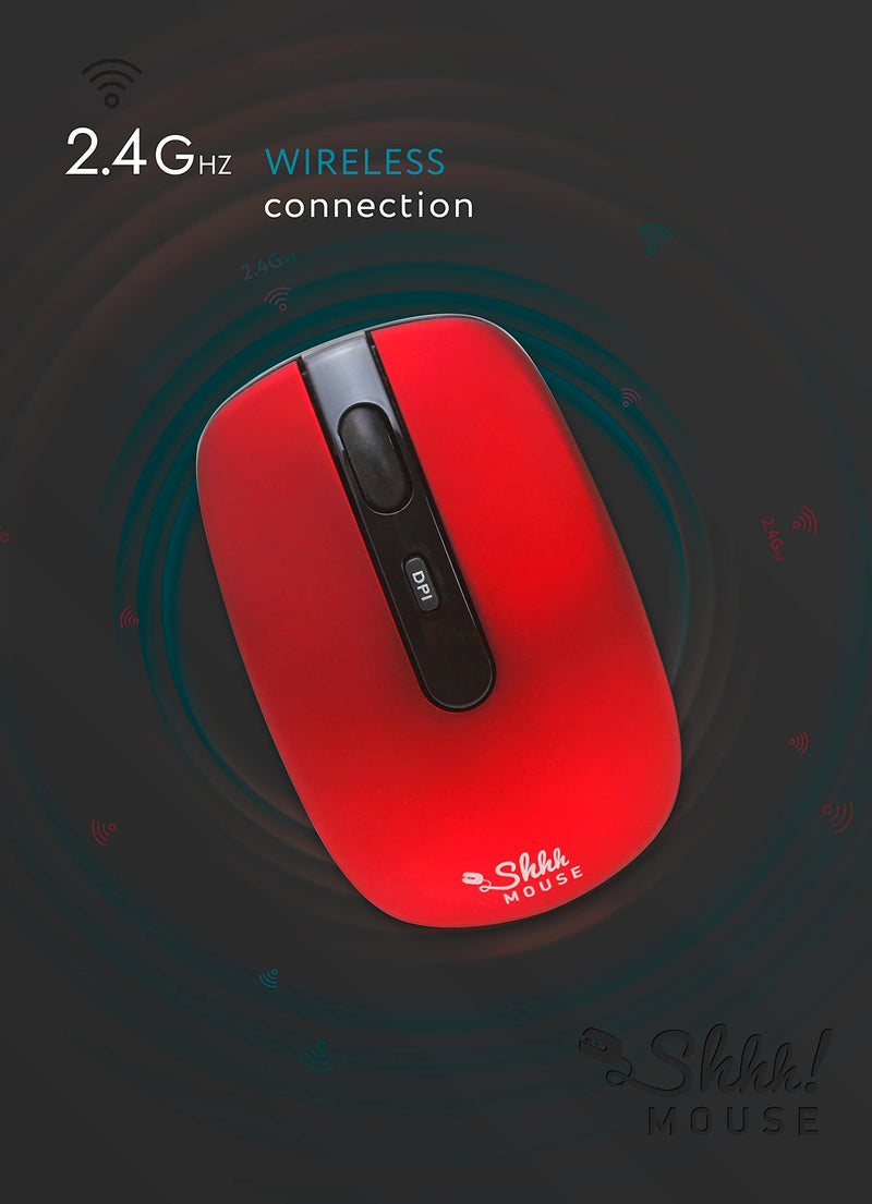 ShhhMouse Wireless Ergonomic Mouse for Laptop & Computer with USB, Silent Cordless Mice with 3 Adjustable DPI Levels for Chromebook (Red) Red