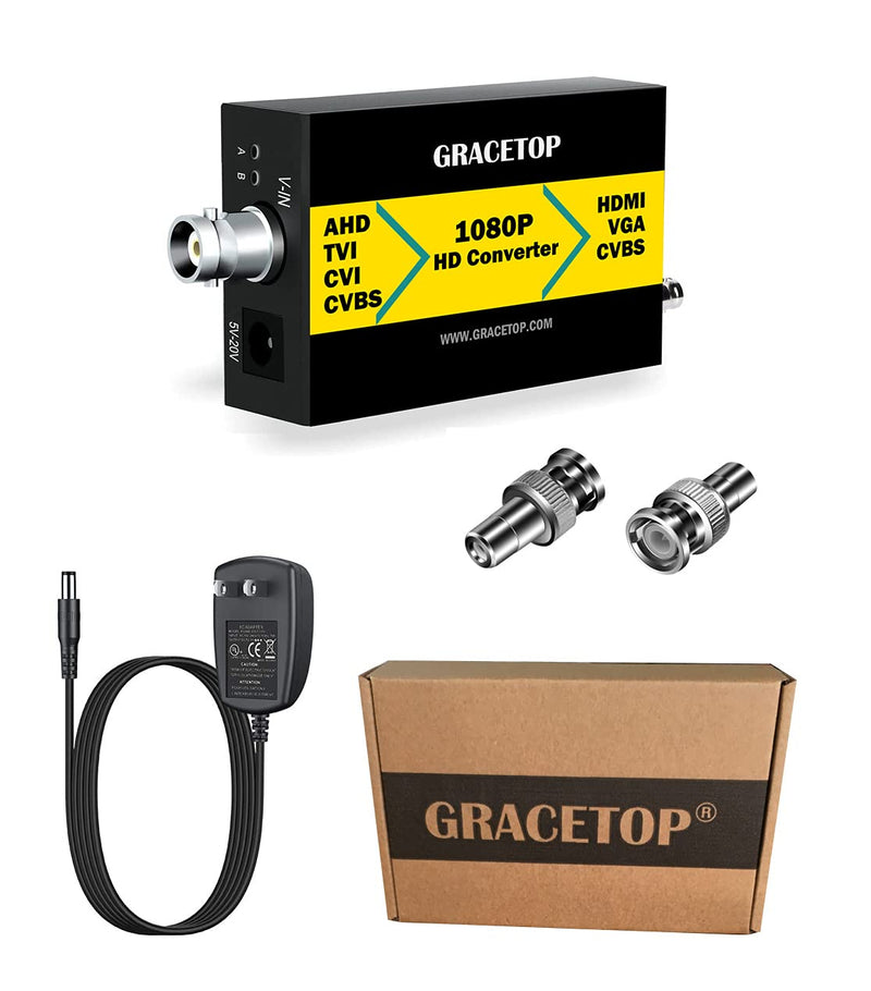 GRACETOP AHD to HDMI Converter, RCA to HDMI Converter 4-in-1 Composite CVBS TVI CVI AHD to HDMI VGA CVBS BNC Converter Support 720P/1080P/3MP/4MP for Monitor HDTV DVRs