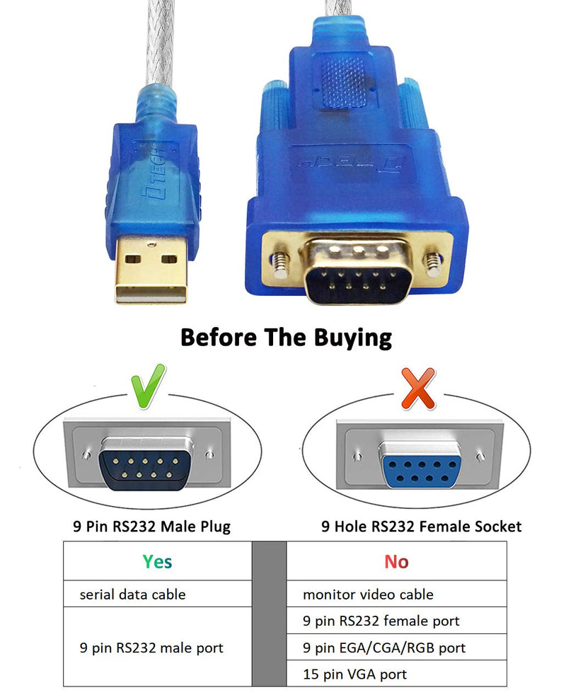 DTECH USB to Serial Adapter Cable with RS232 DB9 Male Port FTDI Chipset Supports Windows 10 8 7 and Mac Linux - 4 Feet 4ft USB to DB9 serial male cable