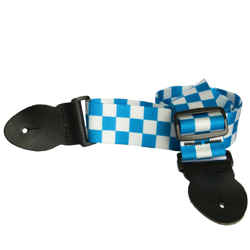 LeatherGraft Print Pattern Checkered Squares Style Electric Acoustic Bass Guitar Strap White & Blue