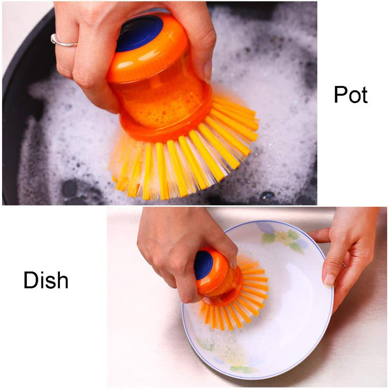 Hooshion 4 Pack Soap Dispensing Dish Brush Pot Brush with 3 Duty Scrub Sponge for Cleaning Pot Dishes Bowl Kitchen