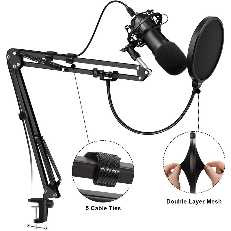 Microphone Arm Stand, RenFox Adjustable Suspension Boom Scissor Mic Stand with Pop Filter, 3/8" to 5/8" Adapter, Mic Clip, Upgraded Heavy Duty Clamp for Blue Yeti Nano Snowball Ice and Other Mics
